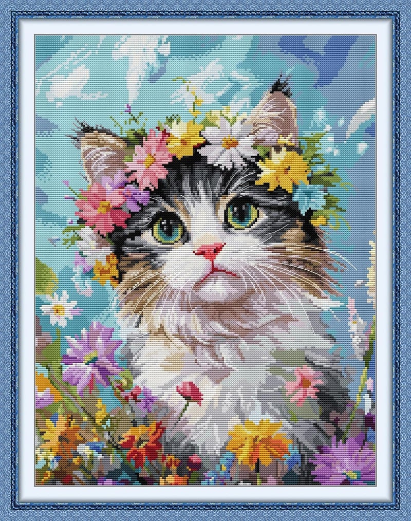 Maydiyer Counted Cross Stitch Kits for Adults,14CT Unprinted Pattern Embroidery Kits for Beginners,Easy Cross-Stitch Set DMC Threads Needlework-Pink-Nosed Kitten 14.6''×18.5'' - Image 1